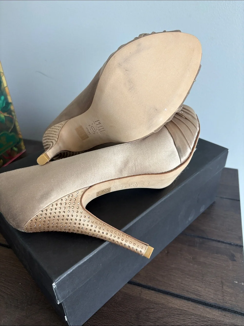 Pelle Moda Champagne Satin Peep-Toe Heels with Crystal Embellishment